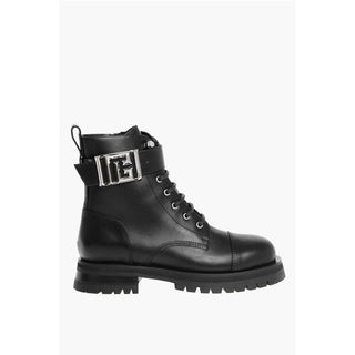 Balmain Leather Combat Booties with Ankle Strap and Logoed Buckle