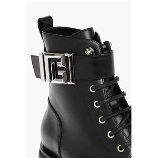 Balmain Leather Combat Booties with Ankle Strap and Logoed Buckle