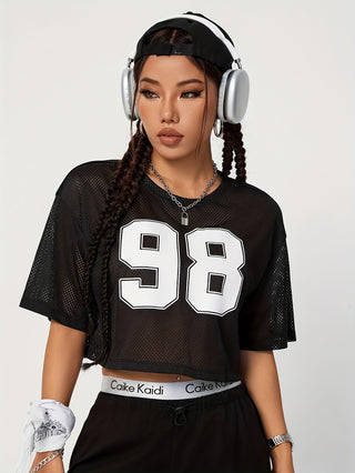 Women's 98 Number Print Mesh Sports T-shirt Spring/Summer Loose Crop Top American Vintage 2000s Style Casual Short Sleeve T-shirt 