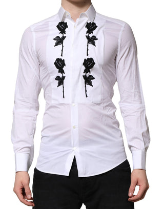 Dolce & Gabbana White Floral Embroidery Men GOLD Formal Shirt