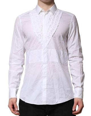 Dolce & Gabbana White Cotton Ruffled Detailing Formal Shirt