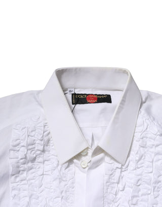 Dolce & Gabbana White Cotton Ruffled Detailing Formal Shirt