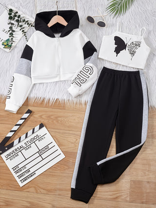 Girls 2pcs Letter Butterfly Print Tank Top+Connected Vest+Sweatpants Kids Sports Outerwear 