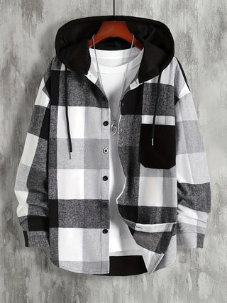 Men's Plaid Hooded Sweatshirt, Casual Long Sleeve Hoodies with Button Up Gym Hooded Sports Jacket 