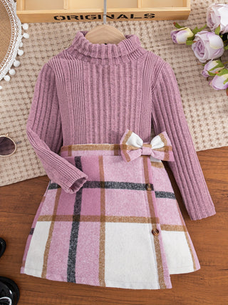 2pcs Girls Elegant Outfits High Neck Sweater + Plaid Skirt Autumn Outerwear Gift 