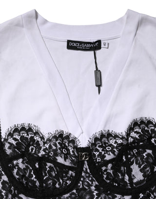 Dolce & Gabbana White Lace Cotton V-Neck Short Sleeves Top