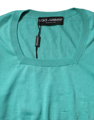Dolce & Gabbana Aqua Blue Silk Short Sleeves Square Neck Top