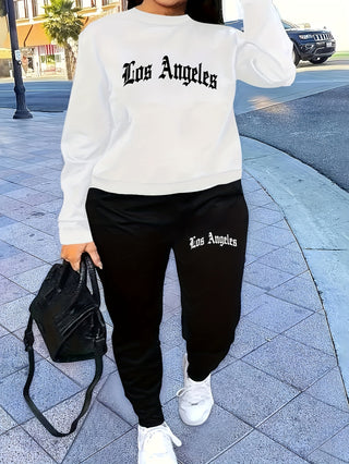 Los Angeles Letter Print Sweatshirt and Jogger Set - 100% Polyester Knitted Fabric for Women Casual Sportswear, Slightly Stretchy, Fall/Winter Season Lash Sets 