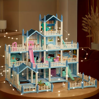 مجموعة بيت الدمى Giociiol Blue Dream Princess Castle 3D DIY - فيلا مضاءة متعددة الغرف للعب الخيالي للأطفال