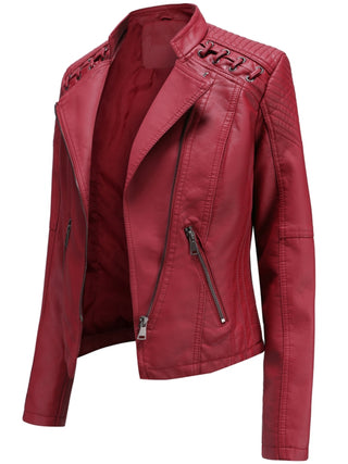 PU Leather Zipper Jacket, Solid Color Long Sleeve Spring Autumn Fashion Jacket Women Clothing 