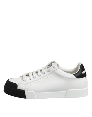 Dolce & Gabbana White Black Logo Leather Lace Up Sneakers Shoes