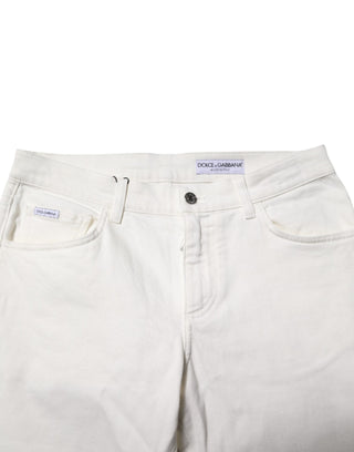 Dolce & Gabbana White Cotton Logo Plaque Slim Fit Denim Jeans