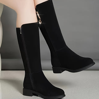 Women's winter knee high boots with faux fur lining, low heel, rubber outsole, and soft fabric insole, perfect for casual and elegant outings 