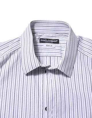 Dolce & Gabbana White Blue Striped Cotton GOLD Formal Shirt