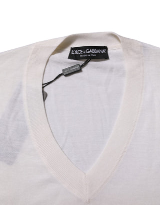 Dolce & Gabbana White Cashmere Logo V-neck Pullover Sweater