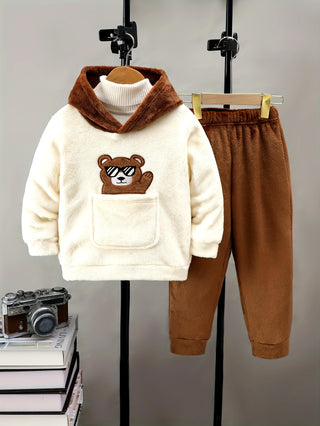 Kids Winter Soft Warm Fleece Hoodie and Pants Set Cartoon Bear Embroidery Casual Comfortable Outfit for Boys Girls 