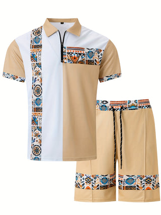 Men's 2 Piece Summer Ethnic Print Short Sleeve Golf Shirt with Quarter Zip and Drawstring Waist Shorts with Pockets Set 