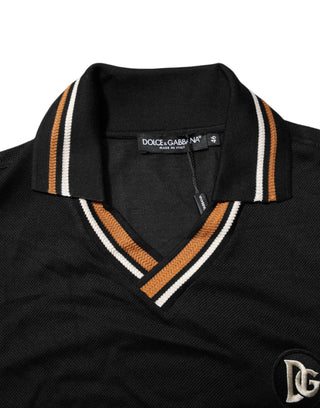 Dolce & Gabbana Black DG Silk V-neck Collared Men Polo T-shirt