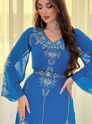 Rhinestone V Neck Kaftan Dress Elegant Long Sleeve A Line Maxi Dress with Belt Women Clothing 