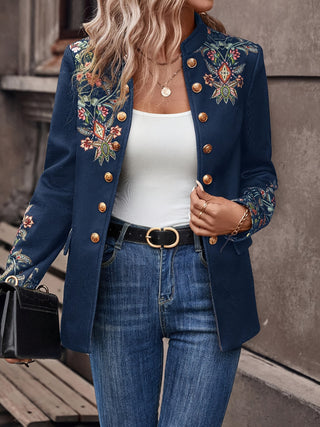 Floral Embroidery Double Breasted Jacket, Elegant Long Sleeve Stand Collar Classic Spring Autumn Jacket Women's Clothing 