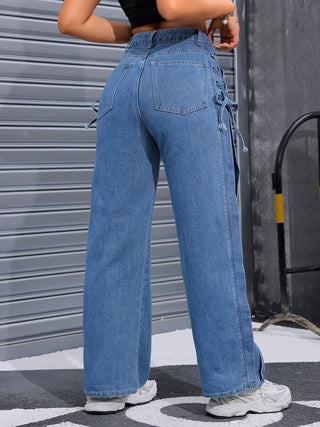 Women's Casual High Waist Wide Leg Jeans Light Blue Wash Simple Side Tie 