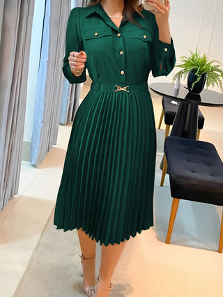 Front Pleated Button Dress Elegant Long Sleeve Spring Summer Dress Women Clothing 