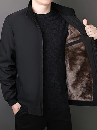 Men's Solid Color Stand Collar Winter Jacket Zipper Front Fleece Lined Long Sleeve Casual Outerwear 