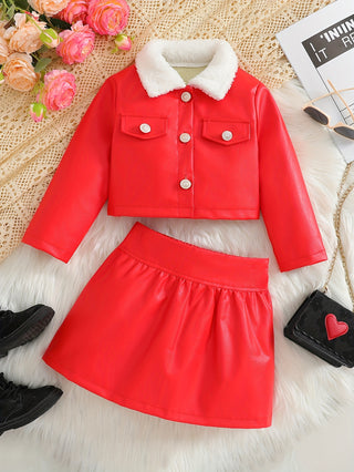 Toddler Kids Fashion Leather Jacket and Skirt Long Sleeve Front Zipper Pockets Girls Fashion Clothes Autumn/Winter 