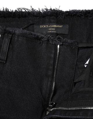 Dolce & Gabbana Black Cotton Tattered Mid Waist Denim Jeans