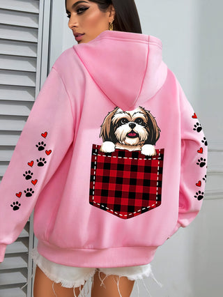 Plus Size Cozy Dog Print Hoodie Long Sleeve Pocket Sweatshirt Women's Fashion Autumn Winter Sweatshirt 