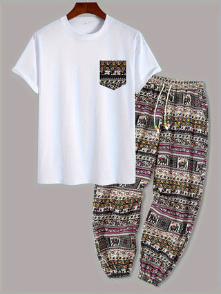 Men's Cotton Set, Short Sleeve Round Neck T-Shirt with Random Printed Pocket, and Pants, Loose Fit, Hand Wash Only 