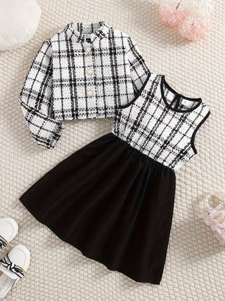 2pcs Long Sleeve Plaid Coat + Sleeveless Dress Girls Set Casual Fashion Holiday Outfit Summer Gift Girls Clothes Outerwear 