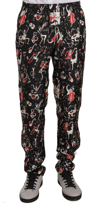 Dolce &amp; Gabbana Elegant Black Silk Lounge Pants with Red Print