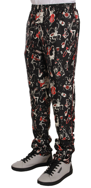 Dolce &amp; Gabbana Elegant Black Silk Lounge Pants with Red Print