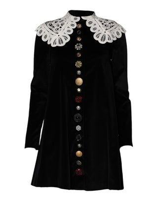 Dolce & Gabbana Black Velvet Lace Collared Embellished Dress