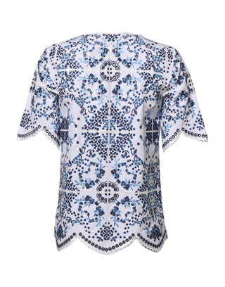 Dolce & Gabbana Blue Lace Eyelet Crew Neck Blouse Top