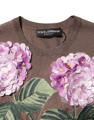 Dolce & Gabbana Brown Lily Embellished Round Neck Blouse Top