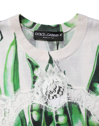 Dolce & Gabbana White Green Pea Print Sleeveless Blouse Top
