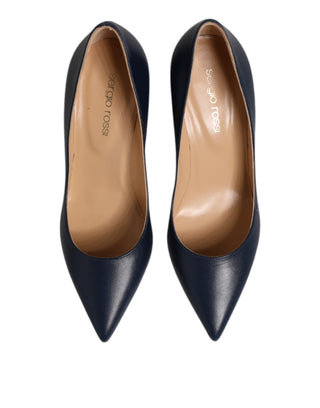 Sergio Rossi Blue Leather Pointed Toe Block Heels Shoes