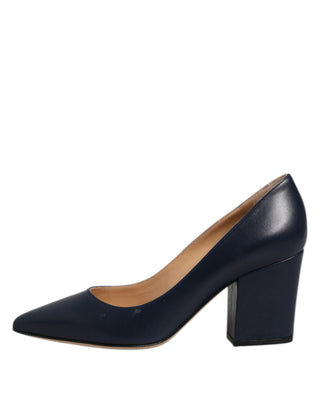 Sergio Rossi Blue Leather Pointed Toe Block Heels Shoes