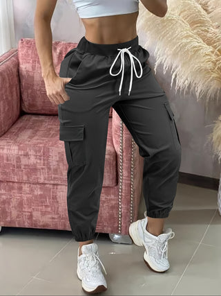 Women's Casual Cargo Pocket Drawstring Pants - Solid Color Polyester Blend for Comfort, Elastic Waist, Multiple Pockets, All Season Utility Pants 