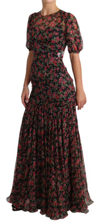 Dolce &amp; Gabbana Elegant Black Silk Floral A-Line Gown