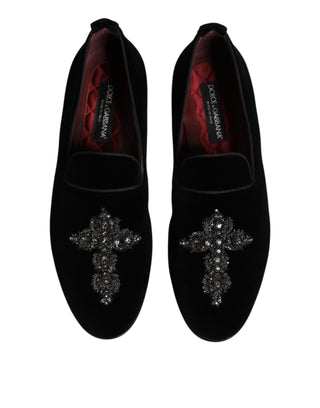 Dolce & Gabbana Black Velvet Embellished Loafer Slip On Shoes