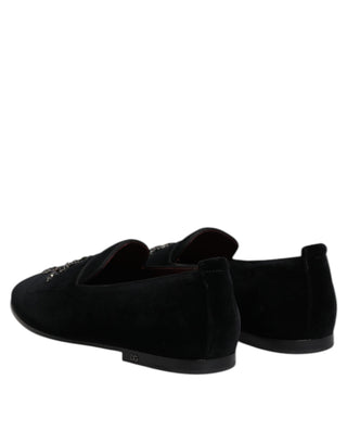 Dolce & Gabbana Black Velvet Embellished Loafer Slip On Shoes