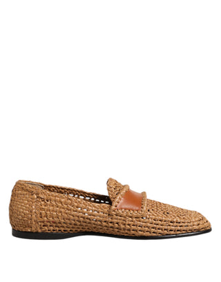 Dolce & Gabbana Brown Woven Raffia Slip On Loafers Shoes