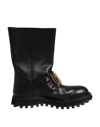 Dolce & Gabbana Black Leather DG Logo Plaque High Boots Shoes