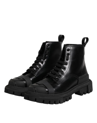 Dolce & Gabbana Black Leather Lace Up Mid Calf Boots Shoes
