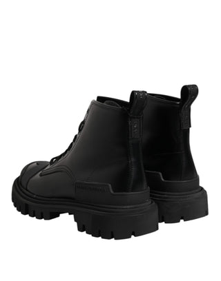 Dolce & Gabbana Black Leather Lace Up Mid Calf Boots Shoes