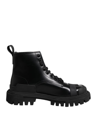 Dolce & Gabbana Black Leather Lace Up Mid Calf Boots Shoes