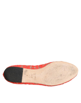 Dolce & Gabbana Orange Lace Crystal Ballet Flats Loafers Shoes